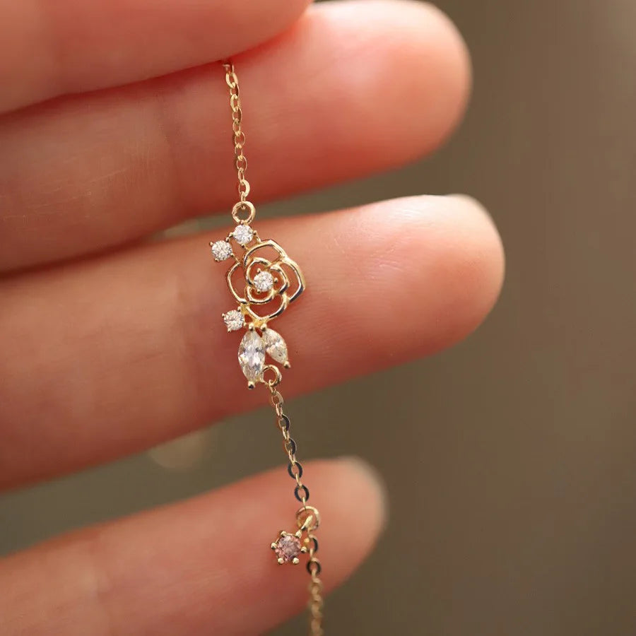 OBEAR Adult Women Korea Zircon Stone Hollow Out Floral Flower Design Non-Allergenic Sterling Silver 14K Gold-Plated Beaded Fine Charm Bracelets