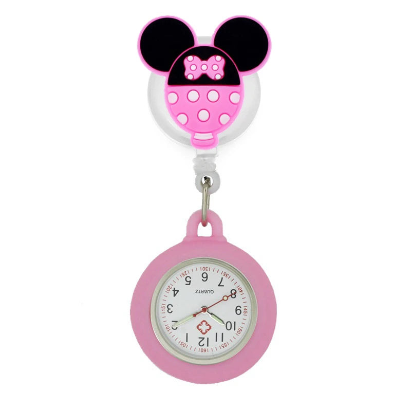 No-EN-Name-Null Adults Waterproof Glass Face Yellow Silicone Cover Round Shaped Metal Alloy Case Quartz Analog-Digital Display Cartoon Mickey Mouse Head Design Retractable Badge Reel-Fob Pocket Watches/Colors-Pink/Light Blue/Neon Pink/Dark Blue/Yellow