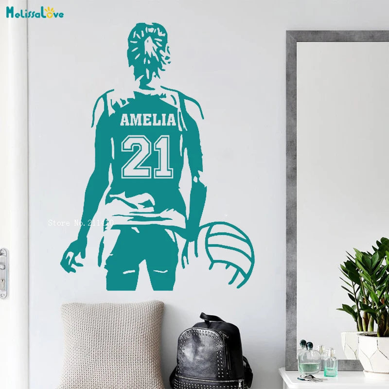 MELISSALOVE Custom Personalized Name Multicolor Girls Sports Silhouette Of A Teen Girl-Boys Volleyball Player Holding A Volleyball Die-Cut Vinyl Self-Adhesive Decals/Colors-Black/Green/Multicolor