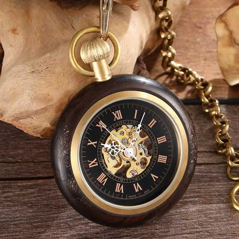 GORBEN Adults Vintage Manuel Winding Roman Numeral Carved Wood Square Shaped Case Acrylic Face Skeleton Dial Mechanical Gold Metal Open Face Fob Gold Chain-Pocket Watches