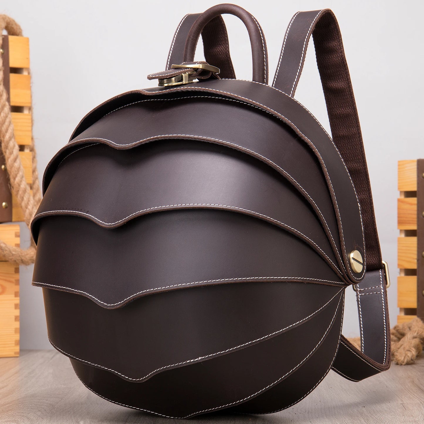 WESTAL Women Mini Round External Frame Beetle Shaped Red Genuine Leather Curve Back Support Polyester Zipper Lining Internal Pockets Built-In Tablet Compartment Shoulder Straps-Handle Anti-Theft Pockets Backpacks/Keychain Holder/Colors-Red/Black/Brown