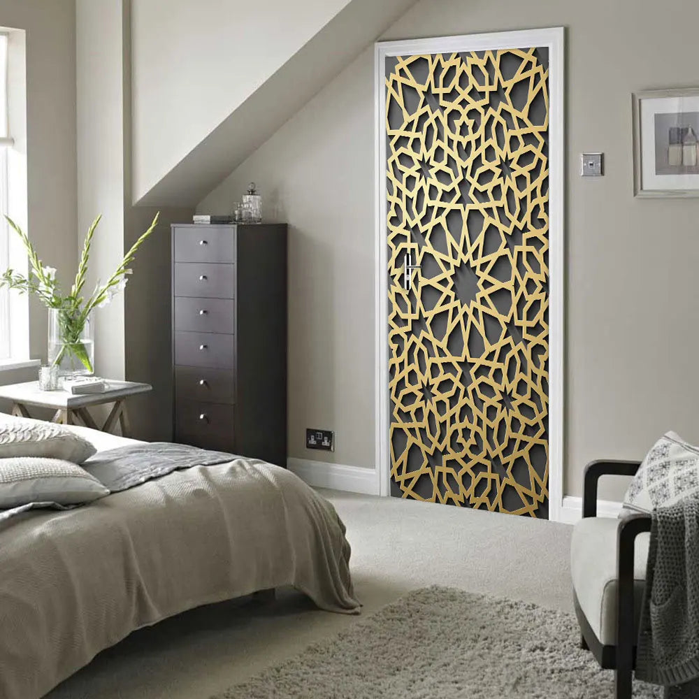 SENUAL BEE Indoor 2 PCS Home Modern Creative Waterproof No Fading Geometric Gold Muslim Eid al-Fitr Spirituality Mural Self-Adhesive Removable Plastic-Vinyl 3D Iron Door-Wall Home Decor Decals