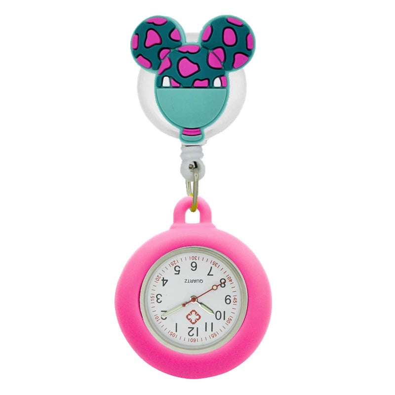 No-EN-Name-Null Adults Waterproof Glass Face Yellow Silicone Cover Round Shaped Metal Alloy Case Quartz Analog-Digital Display Cartoon Mickey Mouse Head Design Retractable Badge Reel-Fob Pocket Watches/Colors-Pink/Light Blue/Neon Pink/Dark Blue/Yellow