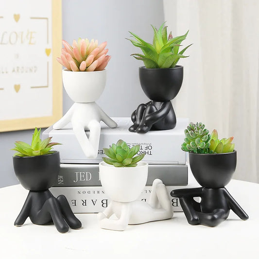 NATUREBELL Indoor European Mini Cute Cartoon Black-White Human Silhouette Shaped Succulent Desktop Flower Pots Planters