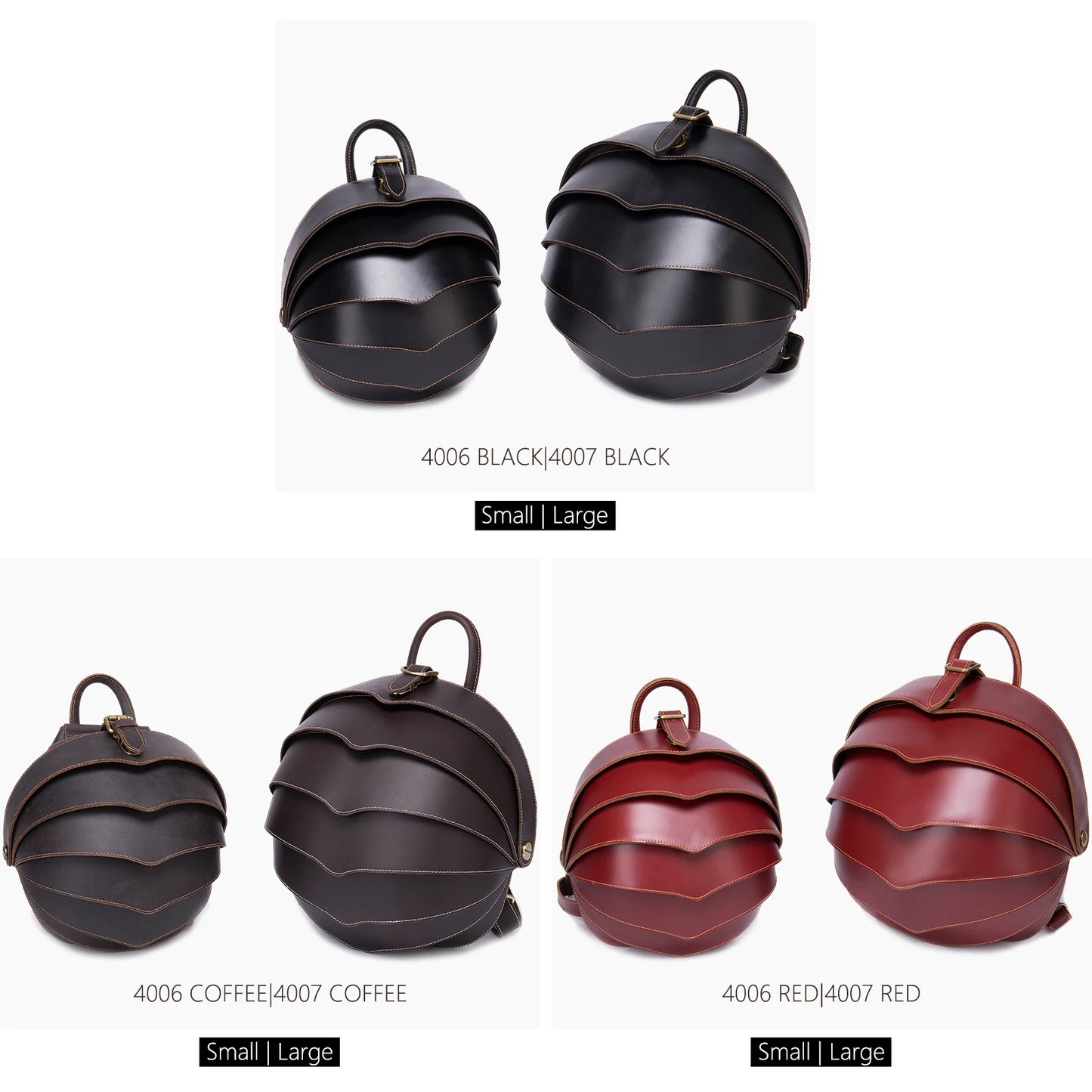 WESTAL Women Mini Round External Frame Beetle Shaped Red Genuine Leather Curve Back Support Polyester Zipper Lining Internal Pockets Built-In Tablet Compartment Shoulder Straps-Handle Anti-Theft Pockets Backpacks/Keychain Holder/Colors-Red/Black/Brown