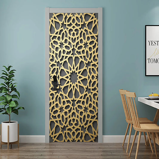 SENUAL BEE Indoor 2 PCS Home Modern Creative Waterproof No Fading Geometric Gold Muslim Eid al-Fitr Spirituality Mural Self-Adhesive Removable Plastic-Vinyl 3D Iron Door-Wall Home Decor Decals