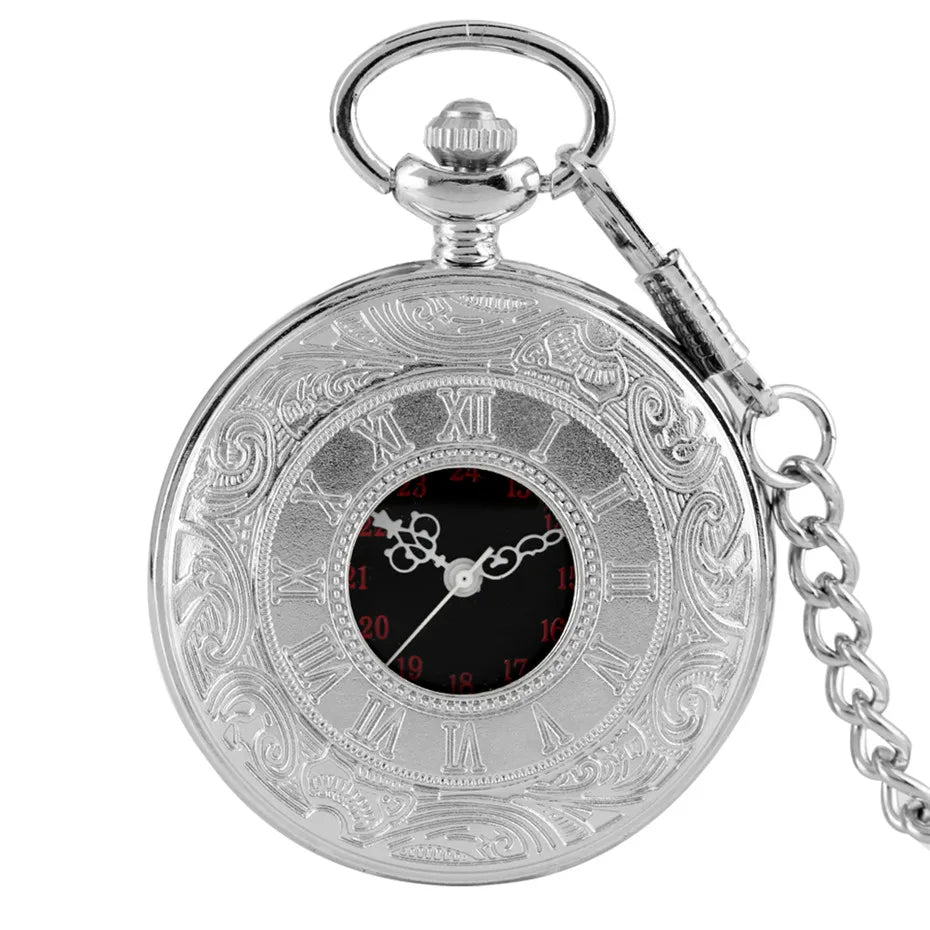 YISUYA Adults Men Antique Quartz Acrylic Face Round Shaped Metal Alloy Case Black Roman Numeral Steampunk Black Necklace Chain-Pocket Watches /Colors-Black/Gold/Silver/Bronze