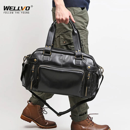 Wellvo Men's Soft Leather Zipper Briefcase Polyester Bags/Single-Laptop Compartment/Shoulder Straps-Handles/Fits 15 Inch Laptop