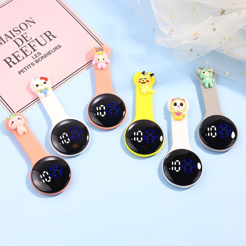 MINISO Adult Women Digital Display Plastic Round Case Cute Cartoon Anime Characters Nurse-Doctor Silicone Covered LED Light Fob On Back Metal Hook Pocket Watches/Colors-Pink/Light Pink/Yellow/White/Black/Purple/Green
