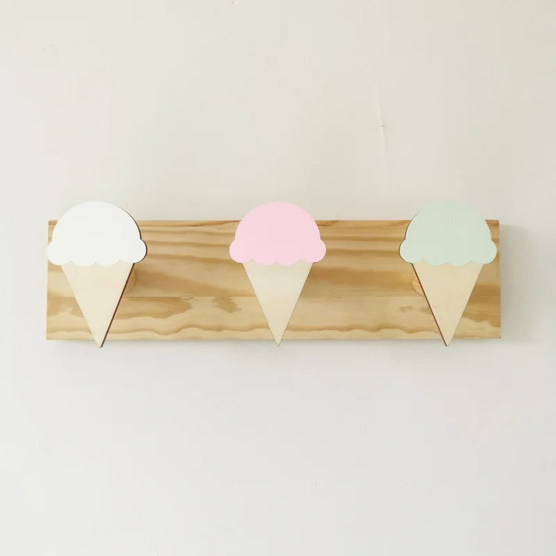 Girls Wood Cartoon Animal Rabbits-Ice Cream-Fairies 3 Hooks Wall Mounted Coat Rack