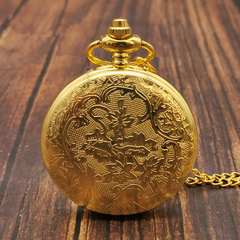 SHUHANG Adults Quartz Digital-Analog Display Plastic Face Gold-Black Round Shaped Stainless Steel Metal Case Hallow-Out Roman Numerals Pendant Chain-Pocket Watches