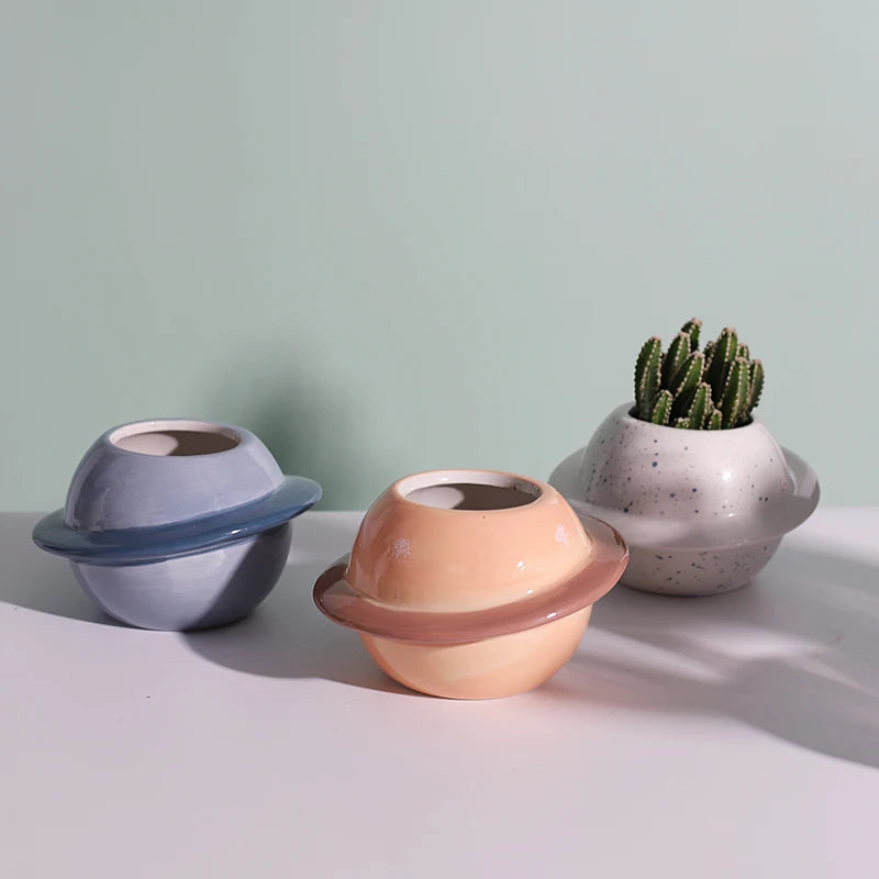 No-EN-Name-Null Glazed Mini Brown Porcelain Ceramic Succulent Round Mouth Creative Cute Cartoon Smiling Eyes-Nose Saturn Planet Shaped Desktop Flowerpots Planters /Colors-Dots/Beige/White/Blue/Brown/Multicolor