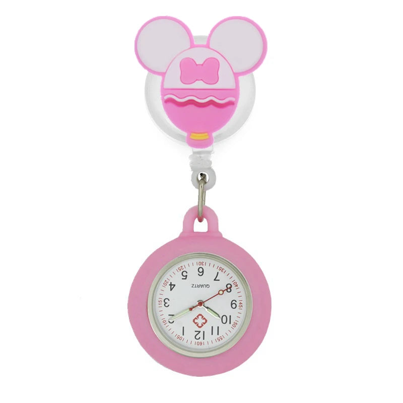 No-EN-Name-Null Adults Waterproof Glass Face Yellow Silicone Cover Round Shaped Metal Alloy Case Quartz Analog-Digital Display Cartoon Mickey Mouse Head Design Retractable Badge Reel-Fob Pocket Watches/Colors-Pink/Light Blue/Neon Pink/Dark Blue/Yellow