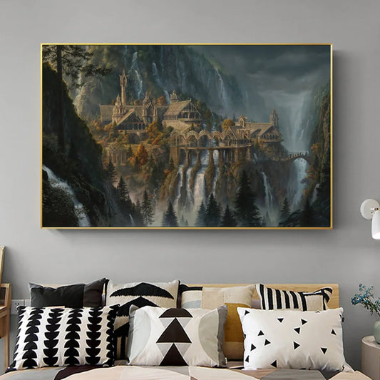 Unframed Canvas Waterproof Ink Middle-Earth Rivendell Landscape Art Prints/ Colors-Green/Beige