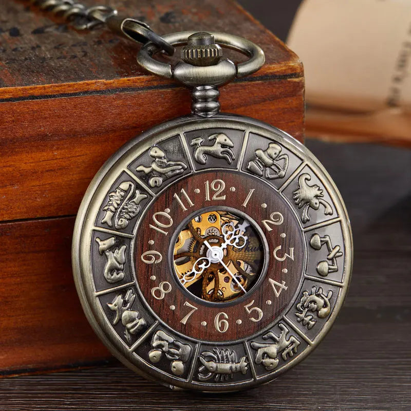 GORBEN Adults Unisex Antique Quartz Hand Winding Roman Numeral Bronze Round Shaped Stainless Steel Metal Case Acrylic Face Hollow-Out Solid Wood Steampunk Skeleton Dial Mechanical Chain-Pocket Watches