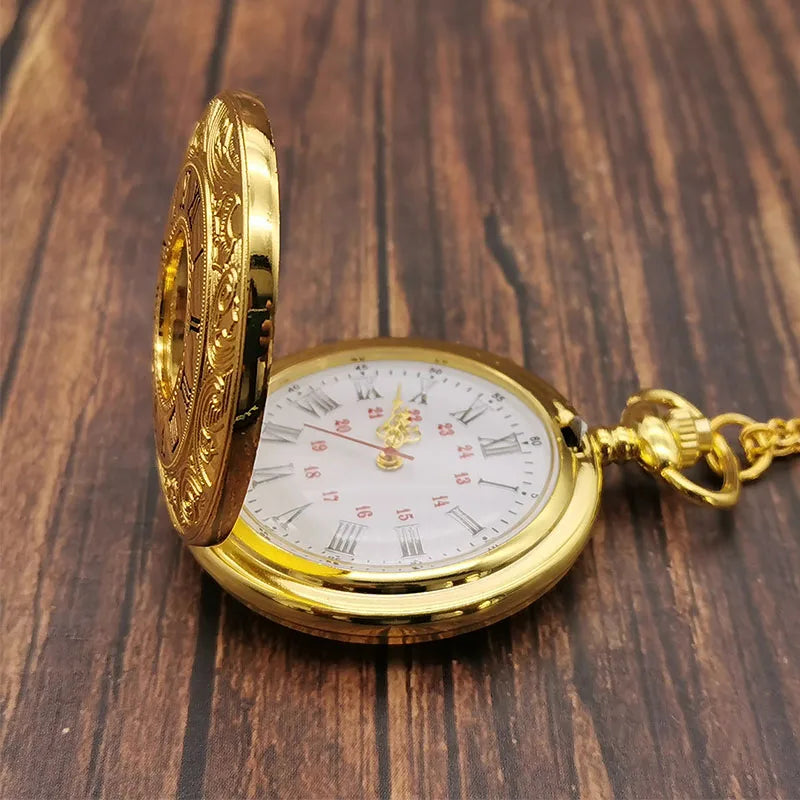 SHUHANG Adults Quartz Digital-Analog Display Plastic Face Gold-Black Round Shaped Stainless Steel Metal Case Hallow-Out Roman Numerals Pendant Chain-Pocket Watches