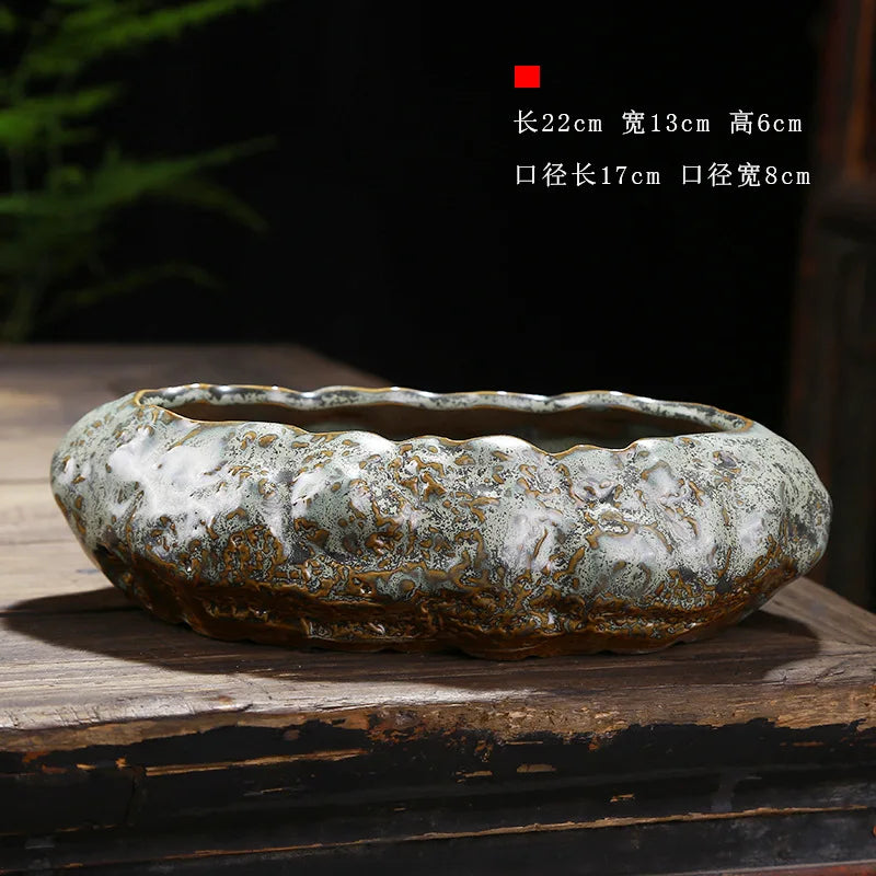 No-EN-Name-Null Indoor Glazed Gray-Green Ceramic Round Shaped Desktop Rustic Flower Pots Planters