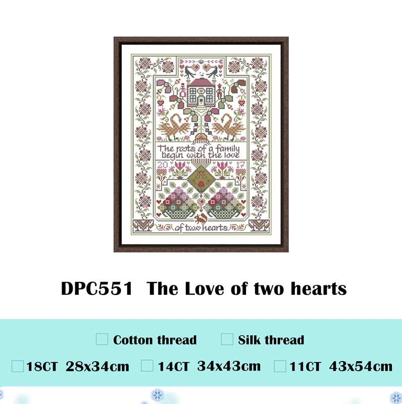 DREAMPATTERN Universal Teens-Adults Folded White Cotton Canvas Cartoon The Love Of Two Hearts Embroidered My You Cross Stitch Needlecraft Kits / 100% Cotton Fabric/1 Canvas/1 Cotton-Silk Thread/2 Needles/1 Paper Blueprint