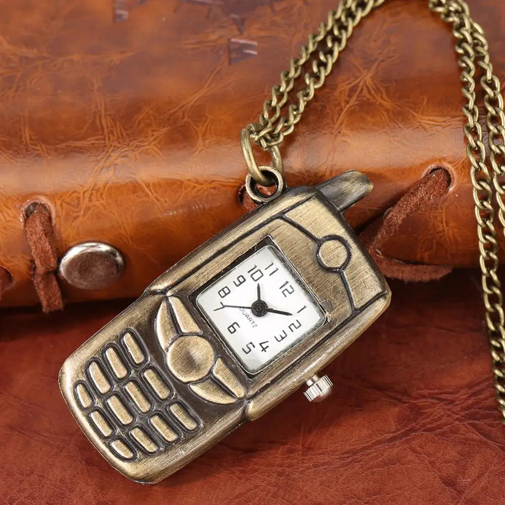 YISUYA Unisex Adults Quartz Small Bronze-White Face Mobile Cell Phone Shaped Stainless Steel Metal Case Acrylic Face 12-Hour Dial Analog Display Pendant Necklace Chain-Pocket Watches
