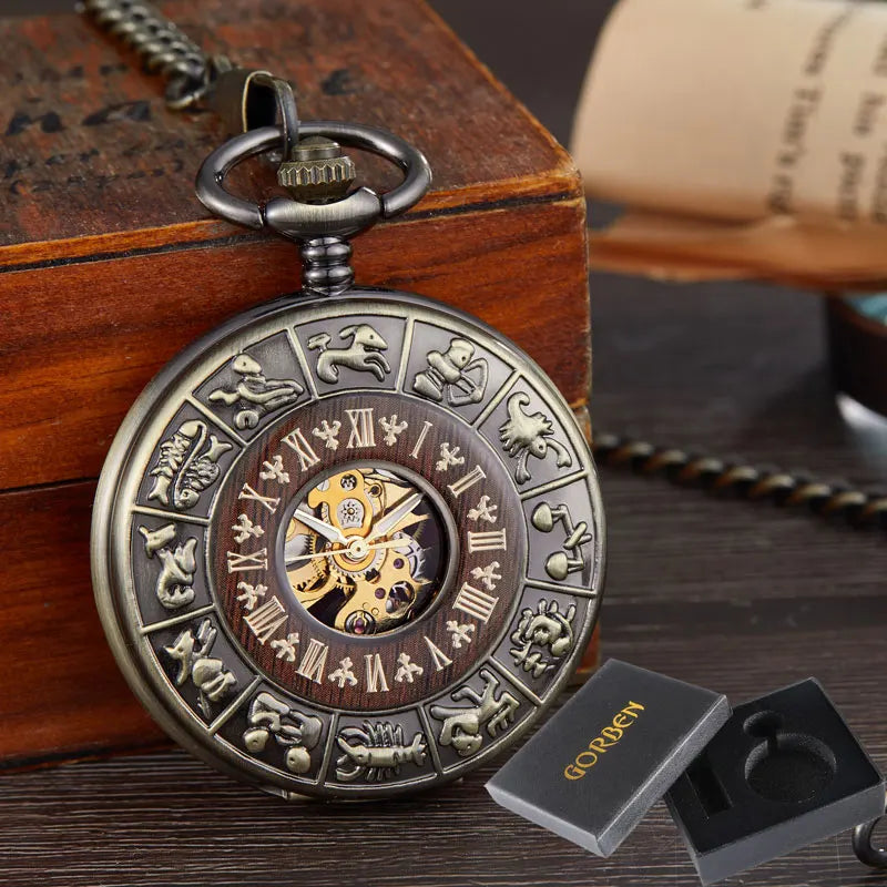 GORBEN Adults Unisex Antique Quartz Hand Winding Roman Numeral Bronze Round Shaped Stainless Steel Metal Case Acrylic Face Hollow-Out Solid Wood Steampunk Skeleton Dial Mechanical Chain-Pocket Watches