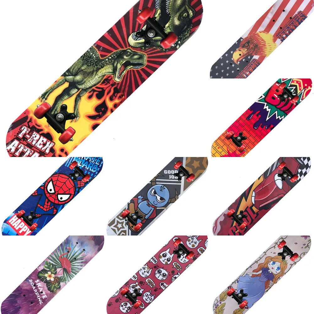 PENGGUE Kids Outdoor Double-Sided Cartoon Dinosaur-Spiderman Longboard Marple Wood-Nylon PVC-Metal  Double Rocker Skateboards/Ages: 2-8 Years Old /Colors-Blue/Black/Red/Multicolor/Animal/Plastic Wheels
