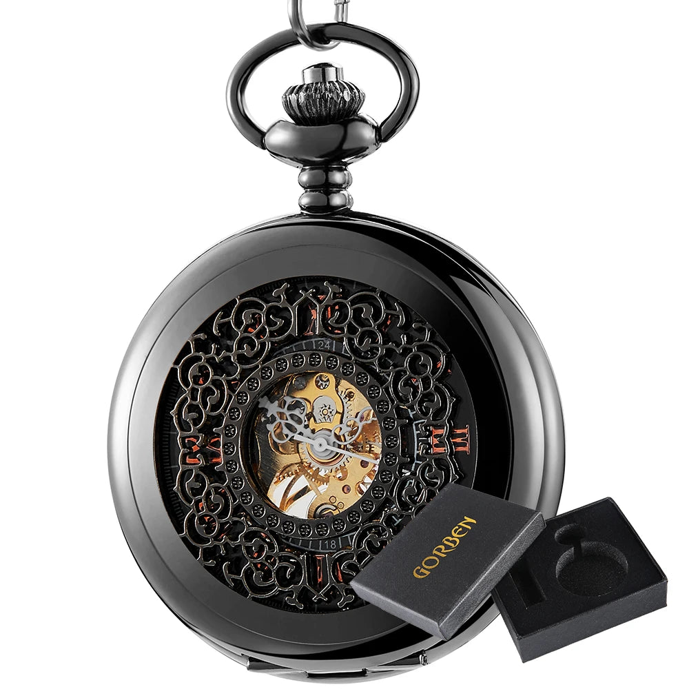 GORBEN Antique Flip-Out Black-Gold Round Shaped Stainless Steel Metal Analog Display Glass Window Mechanical Face Hand Winding Hollow-Out Case Chain-Pocket Watches/With Box-Without Box