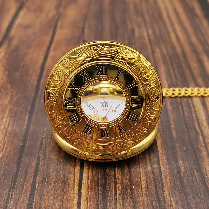 SHUHANG Adults Quartz Digital-Analog Display Plastic Face Gold-Black Round Shaped Stainless Steel Metal Case Hallow-Out Roman Numerals Pendant Chain-Pocket Watches