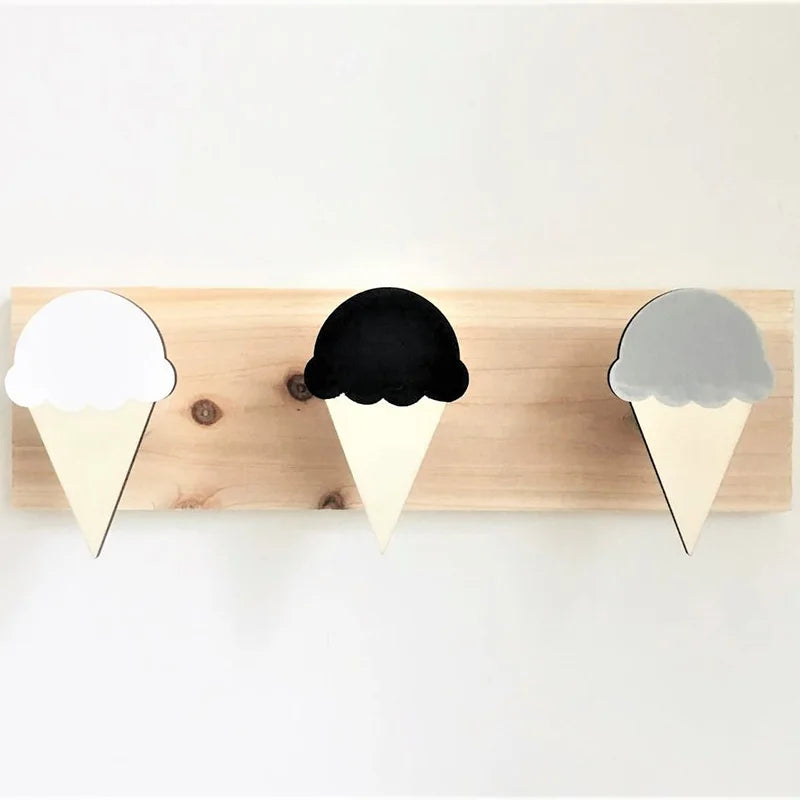 Girls Wood Cartoon Animal Rabbits-Ice Cream-Fairies 3 Hooks Wall Mounted Coat Rack