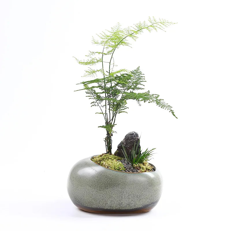 No-EN-Name-Null Indoor Glazed Gray-Green Ceramic Round Shaped Desktop Rustic Flower Pots Planters