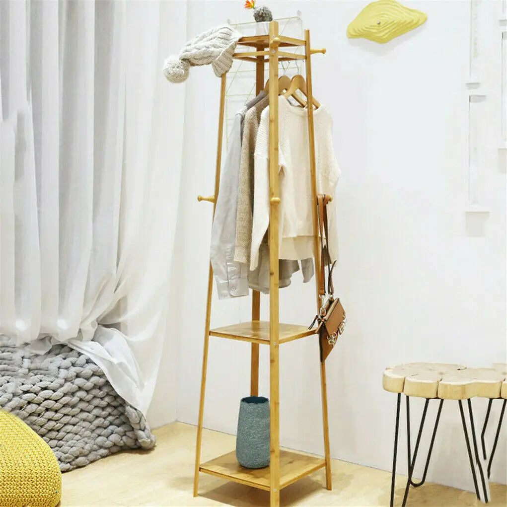 BINGOPAW Modern Free-Standing Brown-Beige Bamboo Wood Two Shelves Eight Hooks Cloths-Coat Garment Racks/ Colors-Brown/Beige