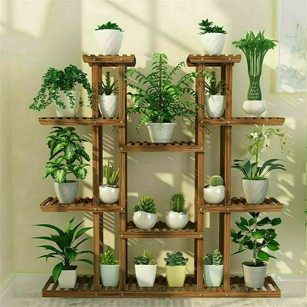 BINGOPAW Brown Pine Wood 9 Multi-Functional Tier Shelves Metal Screws Flower-Plant Stands /Dimension: 116 x 115cm/ 46x45in