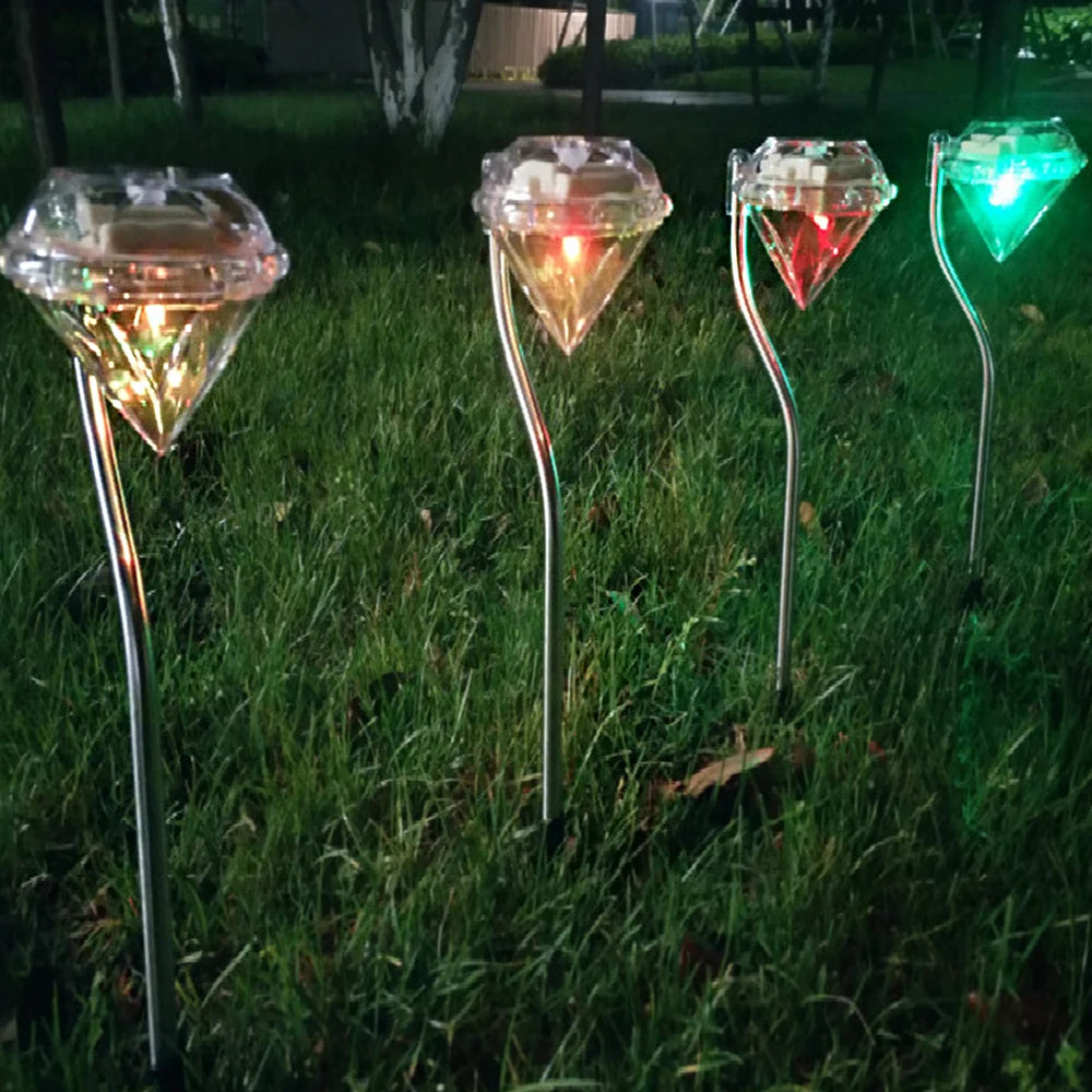 WRMIHU Solar-Powered Clear Diamond Shaped Light On-Off Automatic Light Sensing Function Warm White LED Silver Stainless Steel Multicolor Plastic Body Lawn Landscape Pathway Stake Garden Lights/Colors-Clear/Silver/Purple/Yellow/Red/White/Green Multicolor