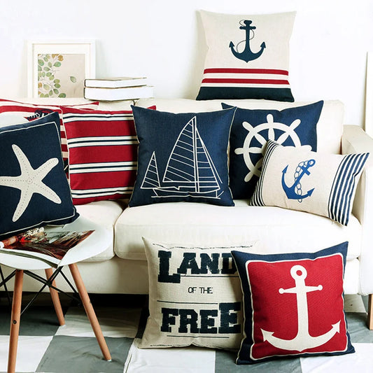 Blue Shell Starfish Linen / Cotton Throw Pillow Cover /Colors-Blue/Red/Animal