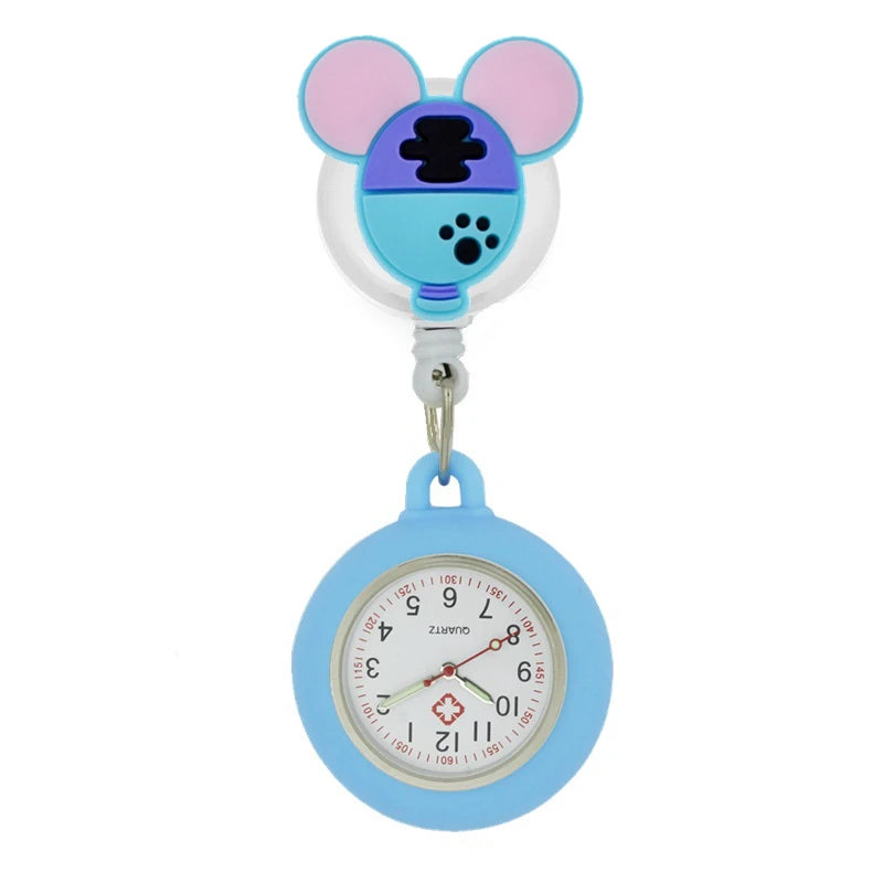 No-EN-Name-Null Adults Waterproof Glass Face Yellow Silicone Cover Round Shaped Metal Alloy Case Quartz Analog-Digital Display Cartoon Mickey Mouse Head Design Retractable Badge Reel-Fob Pocket Watches/Colors-Pink/Light Blue/Neon Pink/Dark Blue/Yellow
