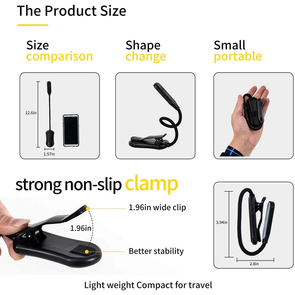 No-EN-Name-Null Mini Portable Warm-Cool White Seven LED Reading Light White-Black Rectangle Plastic Head Flexible Neck Micro USB Cable Built-In Rechargeable Lithium Battery 3-Level Brightness Strong Non-Slip Clamp-On Book Lights /Battery  Included
