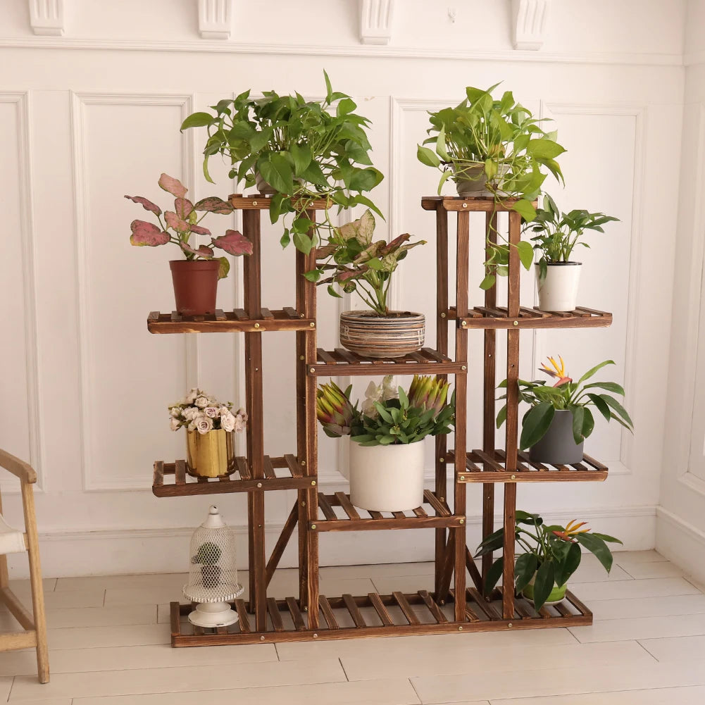 BINGOPAW Brown Pine Wood 9 Multi-Functional Tier Shelves Metal Screws Flower-Plant Stands /Dimension: 116 x 115cm/ 46x45in