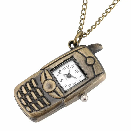 YISUYA Unisex Adults Quartz Small Bronze-White Face Mobile Cell Phone Shaped Stainless Steel Metal Case Acrylic Face 12-Hour Dial Analog Display Pendant Necklace Chain-Pocket Watches