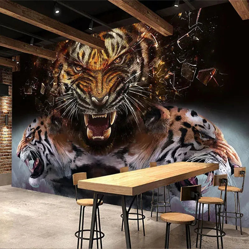 Kids Custom Any Size Waterproof Canvas Peel-N-Stick Plastic Removable 3D Tiger Heads Roaring Silk Cloth Wallpaper