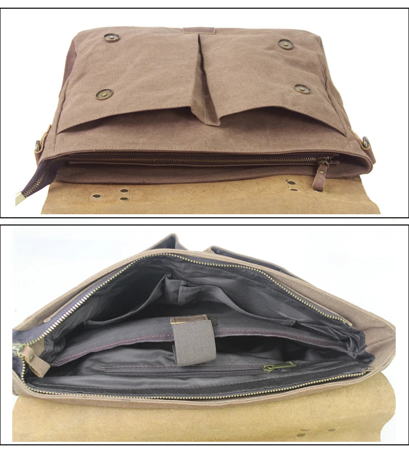 MUNUKI Men Vintage Convertible Thick Canvas Brown-Gray Cowhide Leather Soft Handle-Detachable Shoulder Strap Zipper-Hasp Cotton Lining 14 Inch Laptop Single Compartment External Pockets Business Briefcases/Colors-Gray/Brown