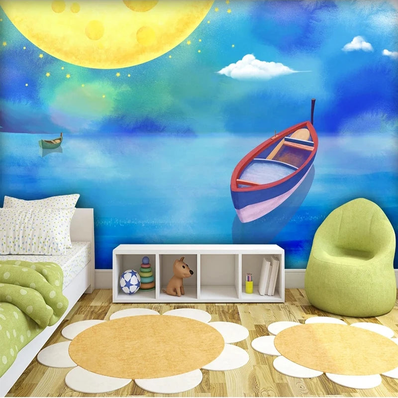JIADOU Kids Waterproof Canvas Custom Any Size 3D Cute Cartoon Boats-Night Sky-Moon-Stars Wood Fiber Paper Back-Vinyl Peel-N-Stick Canvas Plastic Self-Adhesive Mural Wallpaper/Colors-Blue/Green/White/Multicolor