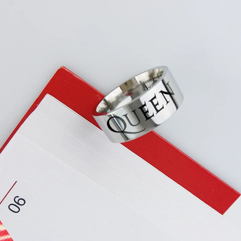 No-EN-Name-Null Women Fine Imitation Titanium Steel Metal Silver Background Black Letters Engraved QUEEN Punk Cocktail Band Hip-Hop-Rock Rings/Colors-Black/Silver