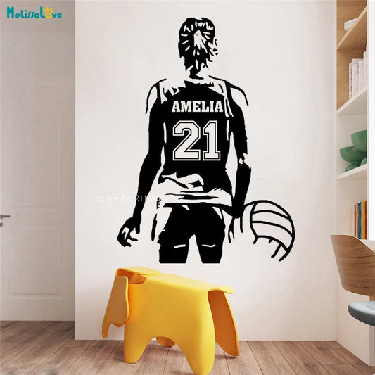 MELISSALOVE Custom Personalized Name Multicolor Girls Sports Silhouette Of A Teen Girl-Boys Volleyball Player Holding A Volleyball Die-Cut Vinyl Self-Adhesive Decals/Colors-Black/Green/Multicolor