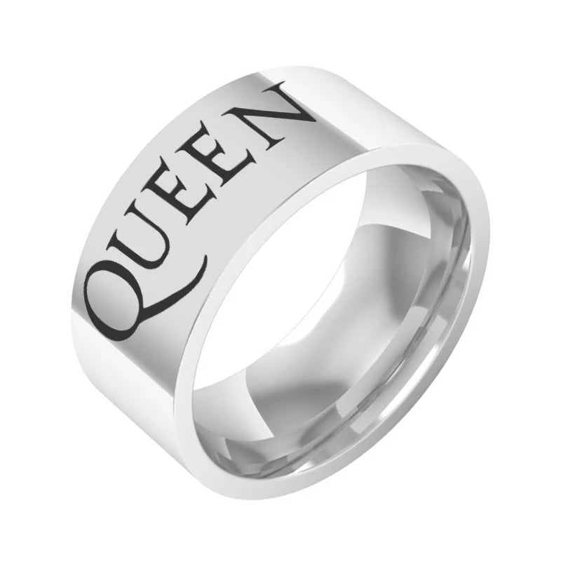 No-EN-Name-Null Women Fine Imitation Titanium Steel Metal Silver Background Black Letters Engraved QUEEN Punk Cocktail Band Hip-Hop-Rock Rings/Colors-Black/Silver
