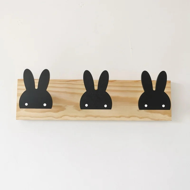 Girls Wood Cartoon Animal Rabbits-Ice Cream-Fairies 3 Hooks Wall Mounted Coat Rack