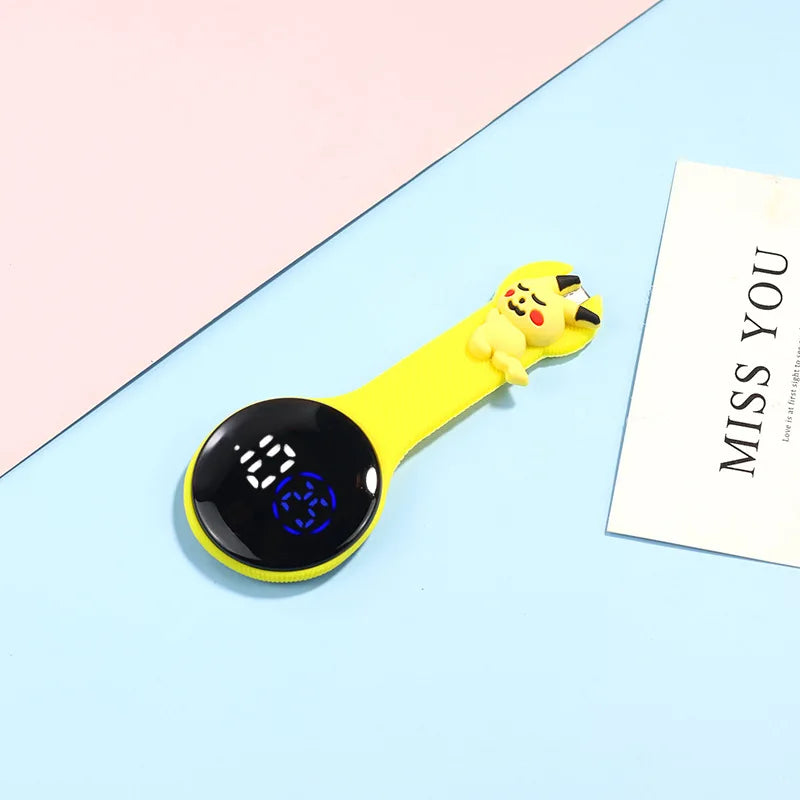 MINISO Adult Women Digital Display Plastic Round Case Cute Cartoon Anime Characters Nurse-Doctor Silicone Covered LED Light Fob On Back Metal Hook Pocket Watches/Colors-Pink/Light Pink/Yellow/White/Black/Purple/Green