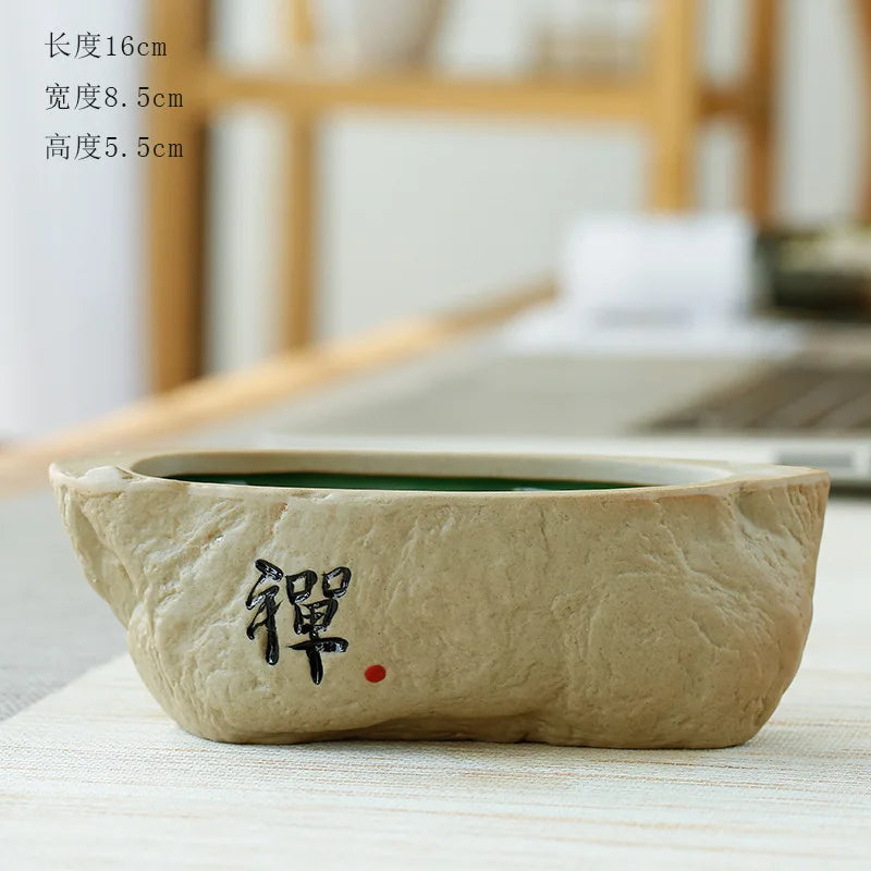 Home Garden Round Glazed Ceramic Beige-Green Color Black Chinese Writing Design Non-Porous Perforated Desktop Flower Pots