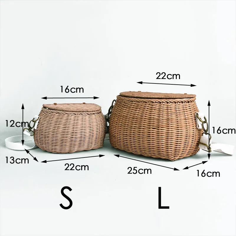 ARTMOMO Kids Lightweight External Frame Handmade Brown-Beige Rattan Criss-Cross Hollow-Out Small Linen Lining Retractable Shoulder Straps-Handle Mini Basket Backpacks/Optional-Rear Bicycle Baskets