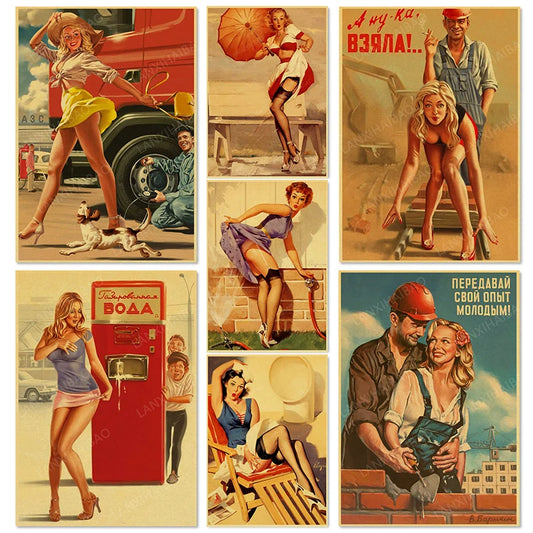 No-EN-Name-Null Men Horizontal Rectangle Shaped Waterproof Ink Unframed Vintage USSR CCCP Pin-Up Girl Figure Painting Romantic Art Posters/Colors-Red/Blue/Beige/Yellow/Multicolor