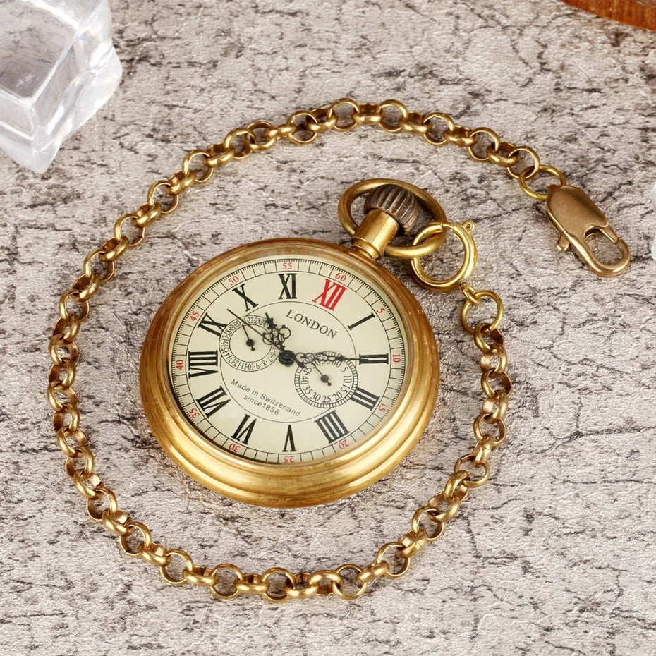 YISUYA Adults Antique Copper Color Round Shaped Acrylic Glass Face Hand Winding Stainless Steel Metal Case Skeleton Dial Roman Numeral London 1856-5 Hands Mechanical Chain-Pocket Watches