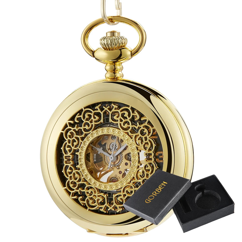 GORBEN Antique Flip-Out Black-Gold Round Shaped Stainless Steel Metal Analog Display Glass Window Mechanical Face Hand Winding Hollow-Out Case Chain-Pocket Watches/With Box-Without Box